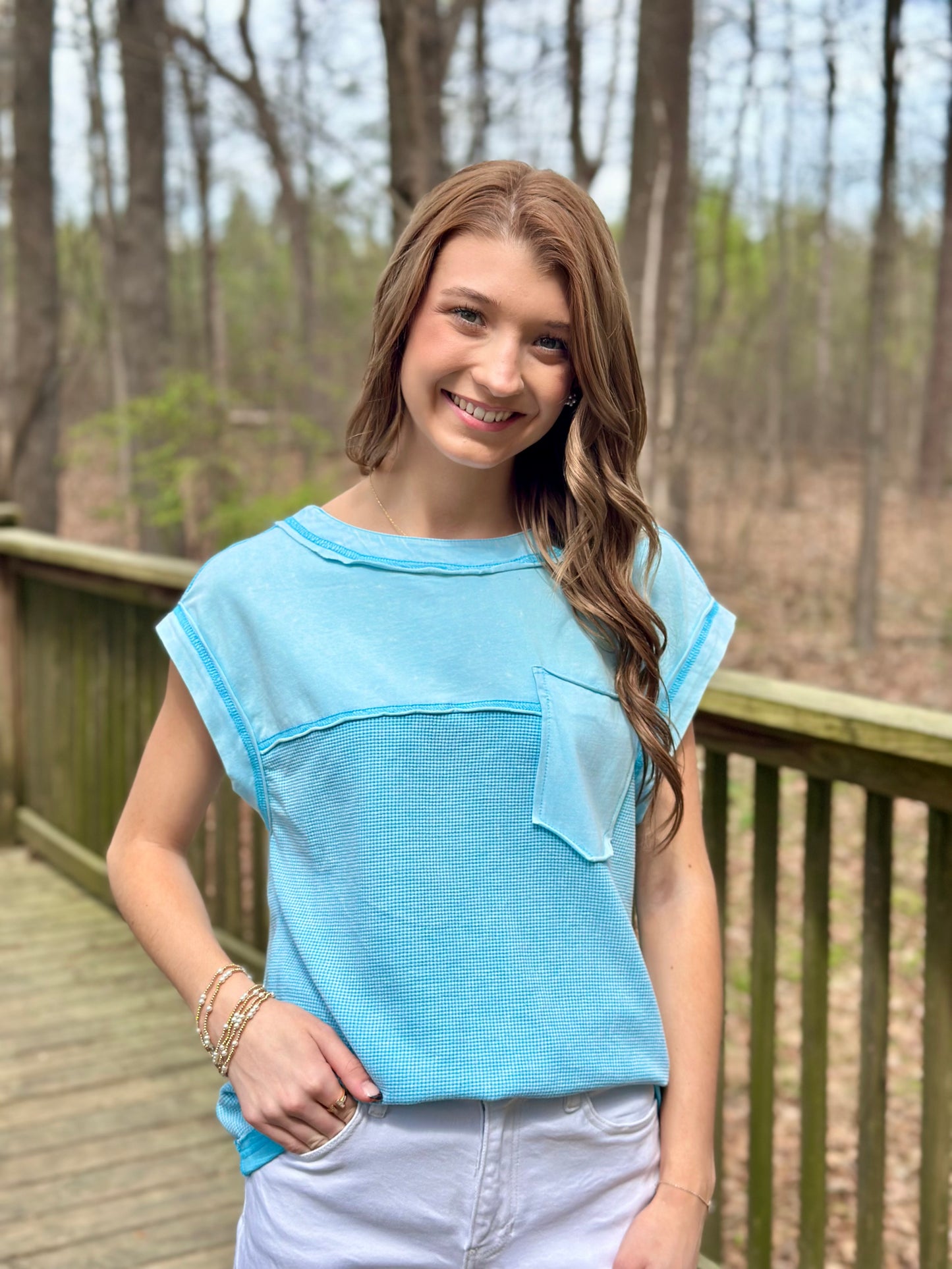 Blue Waffle Knit Top