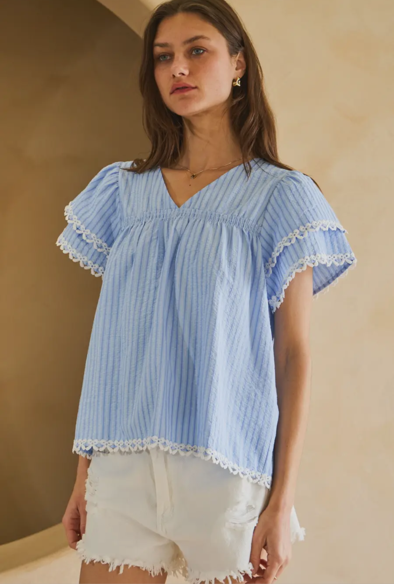 Blue and White Stripped Flutter Top