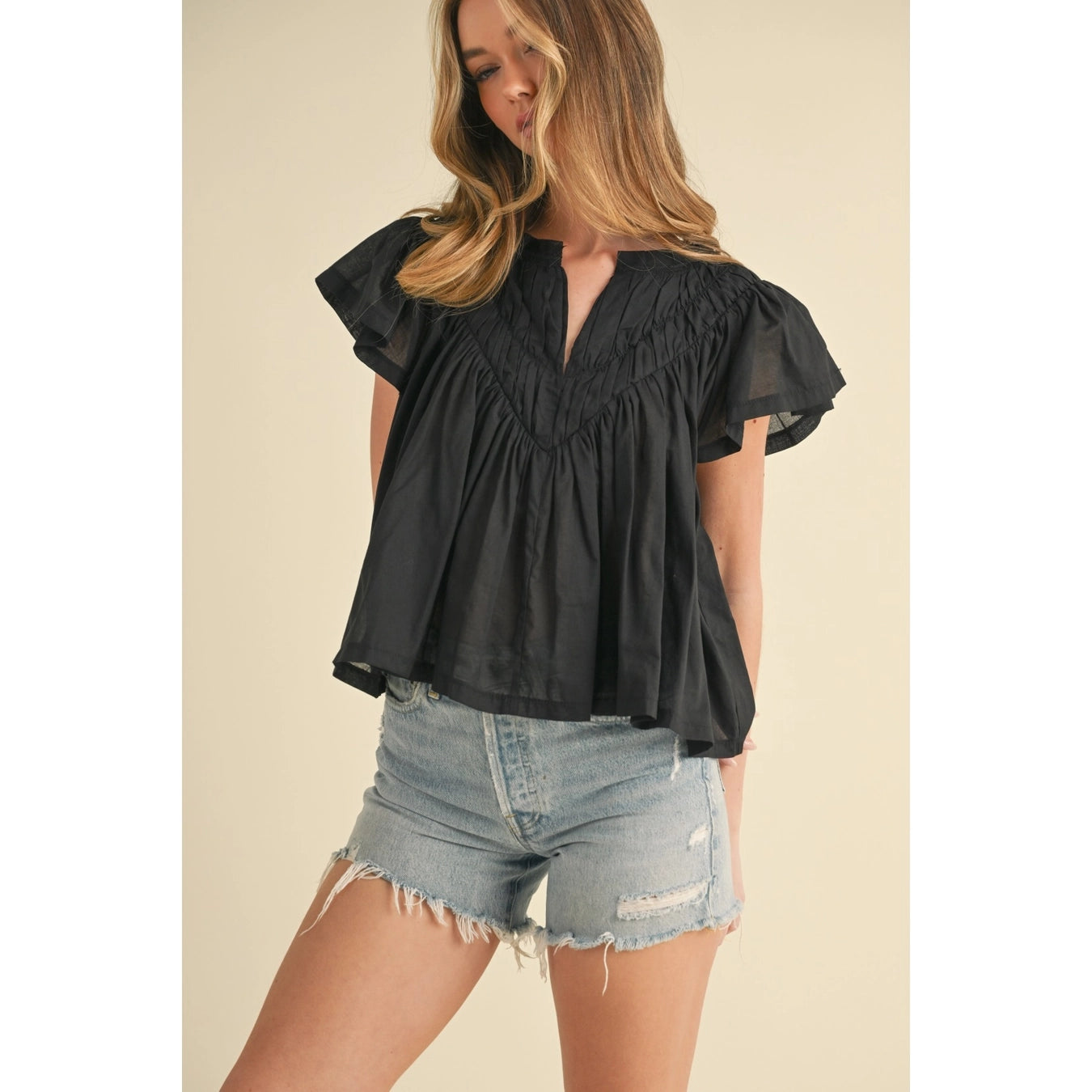Black Flutter Sleeve Blouse